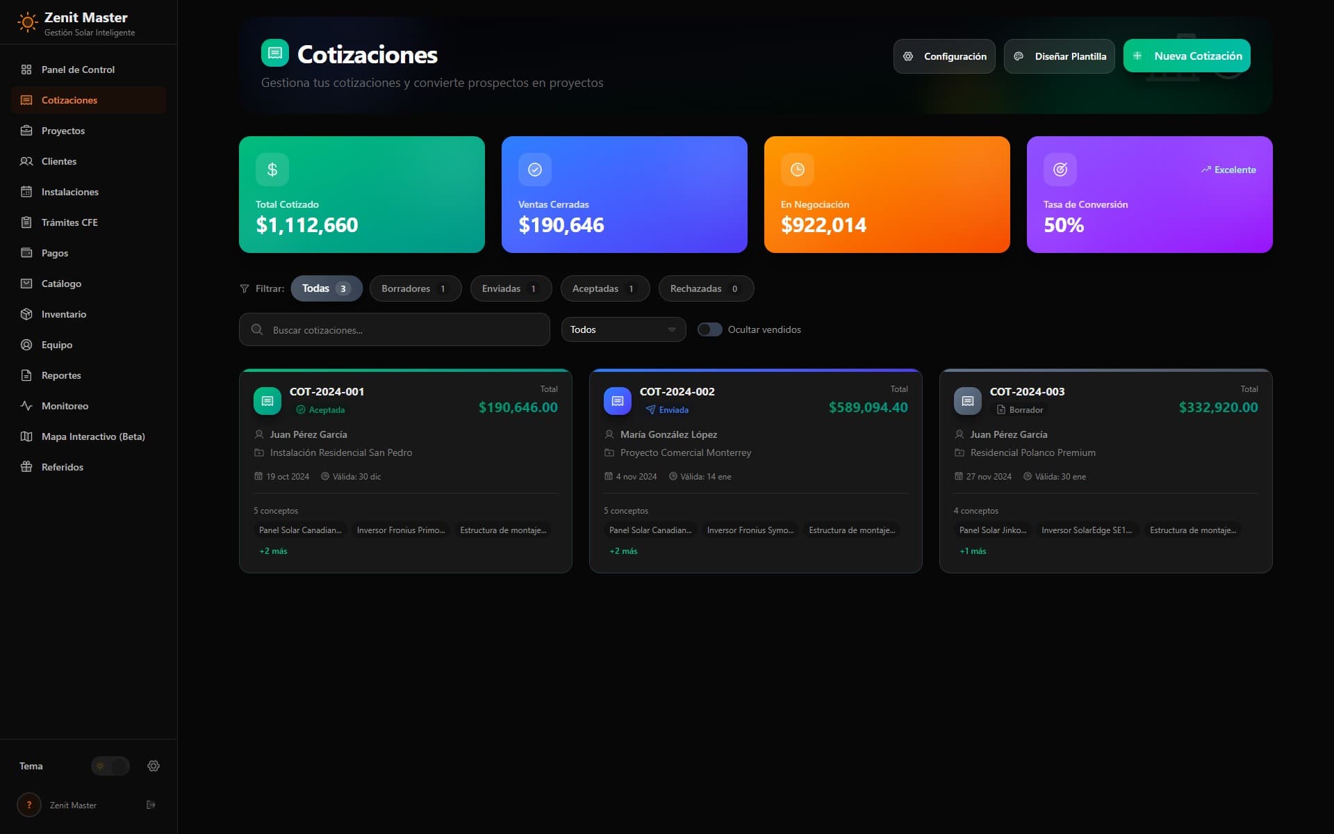 Cotización solar generada automáticamente desde el recibo CFE en Zenit